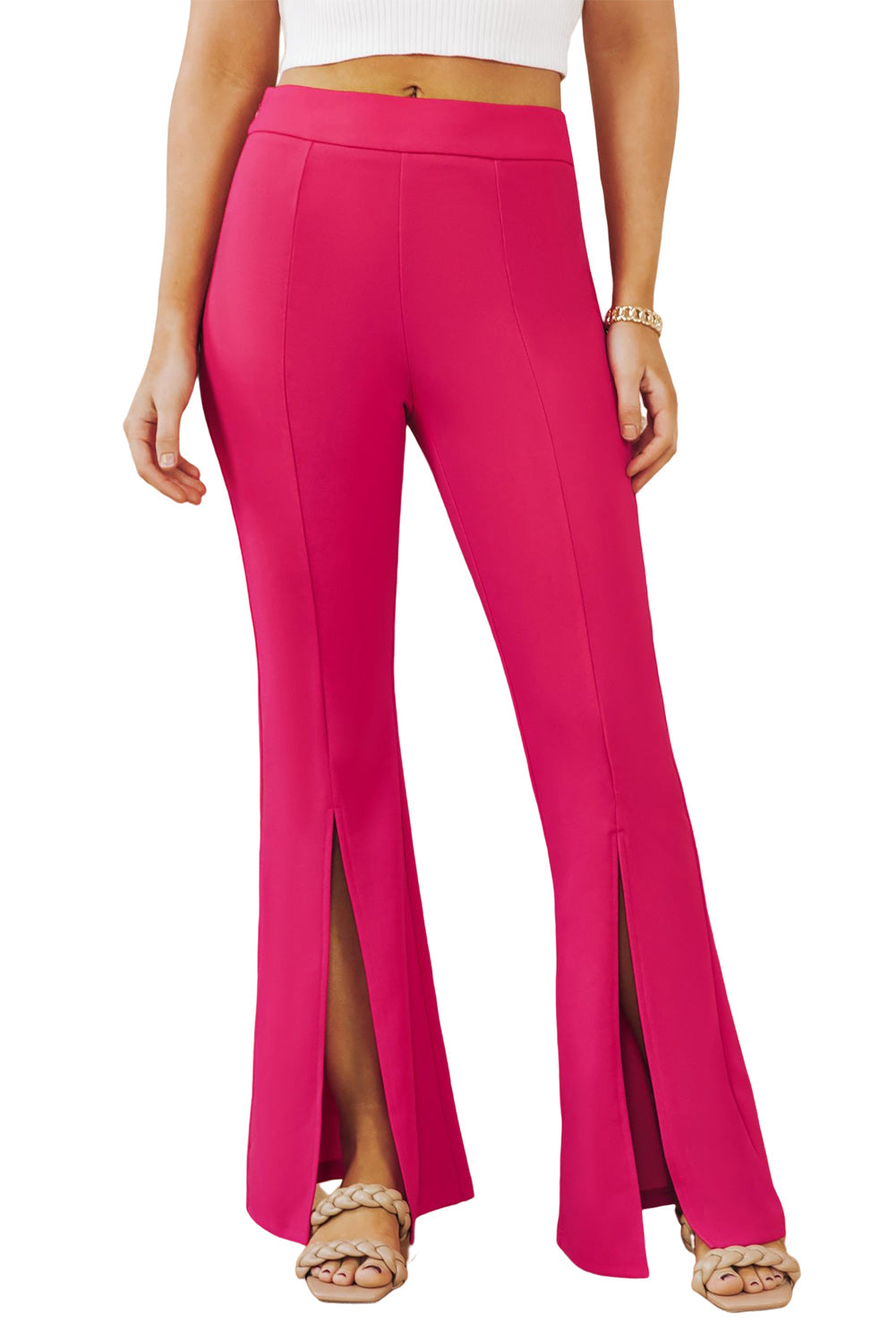 Pantalon taille haute rose à ourlet fendu