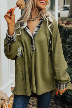 Green Waffle Knit Henley Hoodie with Flowy Plaid