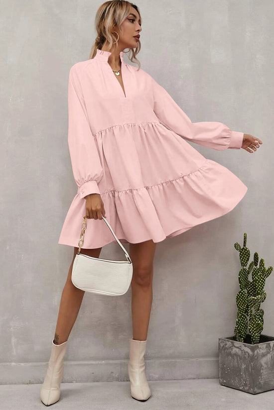 Ruffled pink dress and long -sleeved collar long collar