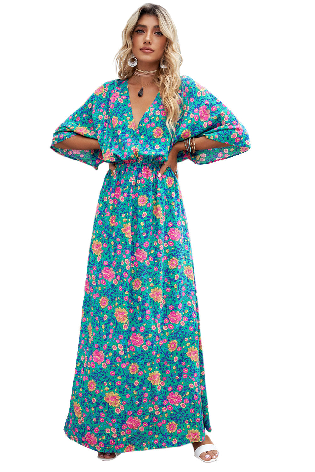 Grüne Boho Deep V Neck Blumen Maxikleid