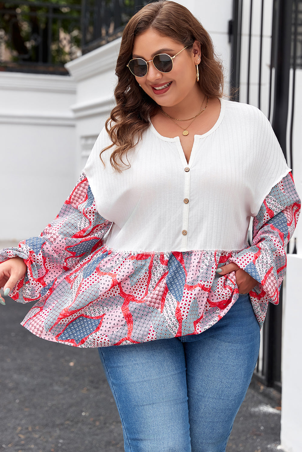 Plus Size Apricot Patchwork Print Textured Button Down Blouse