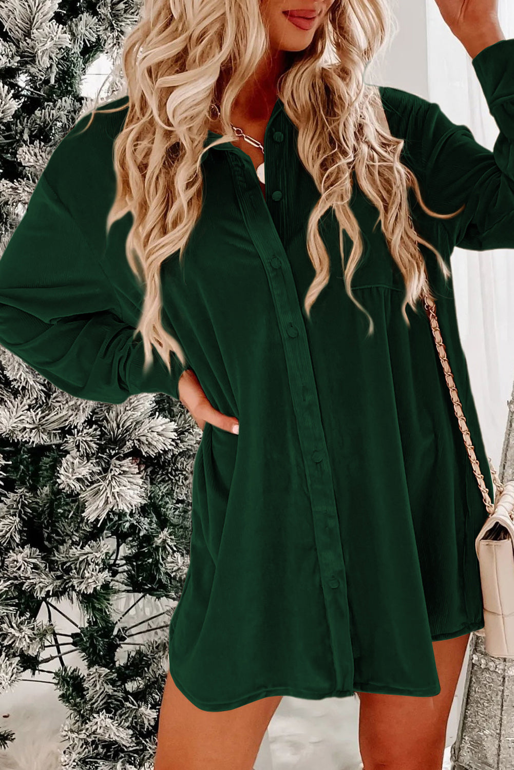 Blackish Green Velvet Button Fronthemd Mini Kleid