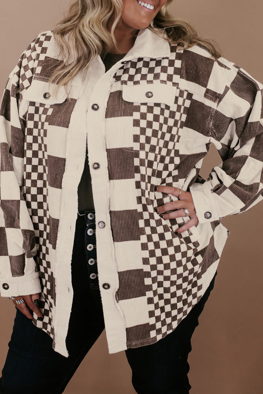 Brown Corduroy Long Jacket with Plaid and Color Block Print, Plus Size