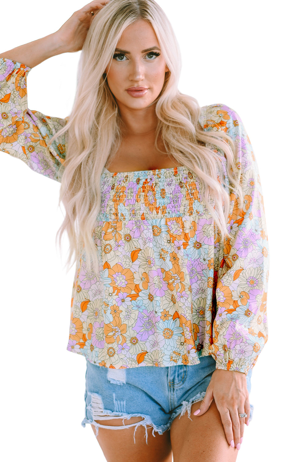 Multicolor Floral Square Neck Puff Sleeve Babydoll Blouse