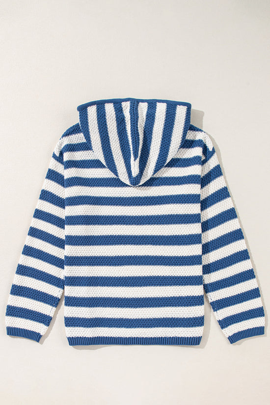 Pull à capuche avec cordon de serrage et poches à col en V et rayures bleues