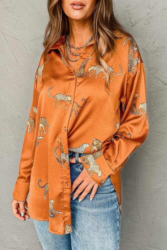 Shirt buttoned in satin with Russet Orange Guépard Print Print