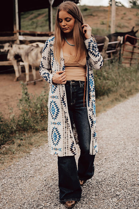 Long cardigan open on the front western Aztec print blue sky