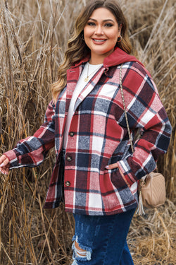 Plus Size Red Plaid Printed Buttoned Hooded Jacket