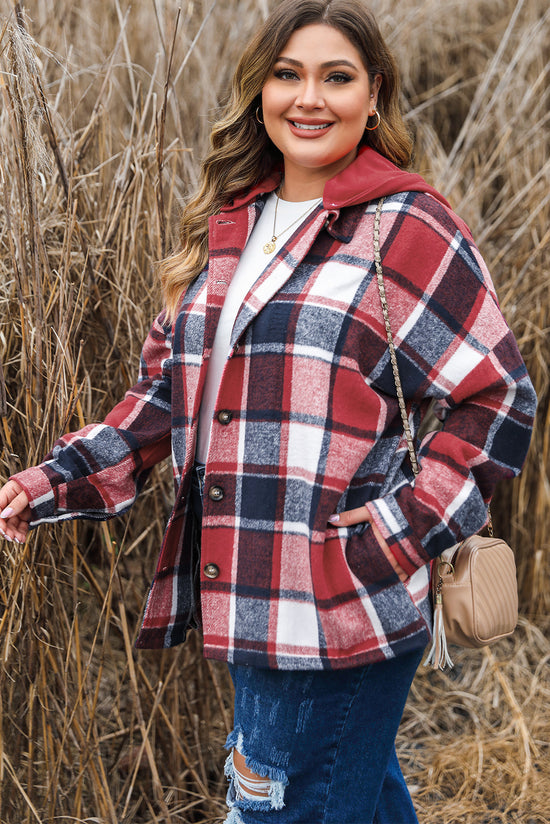 Veste à capuche boutonnée à carreaux imprimée grande taille rouge