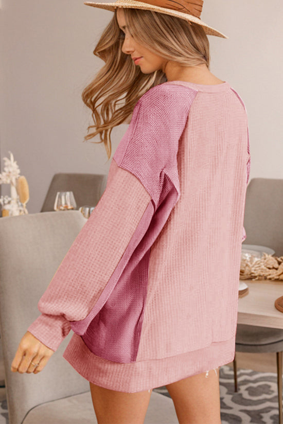 Apricot Pink Waffle Top and Bottom Raglan Sleeve Sweatshirt