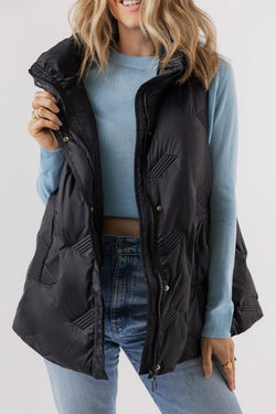 Black quilted jacket with high collar and zipper