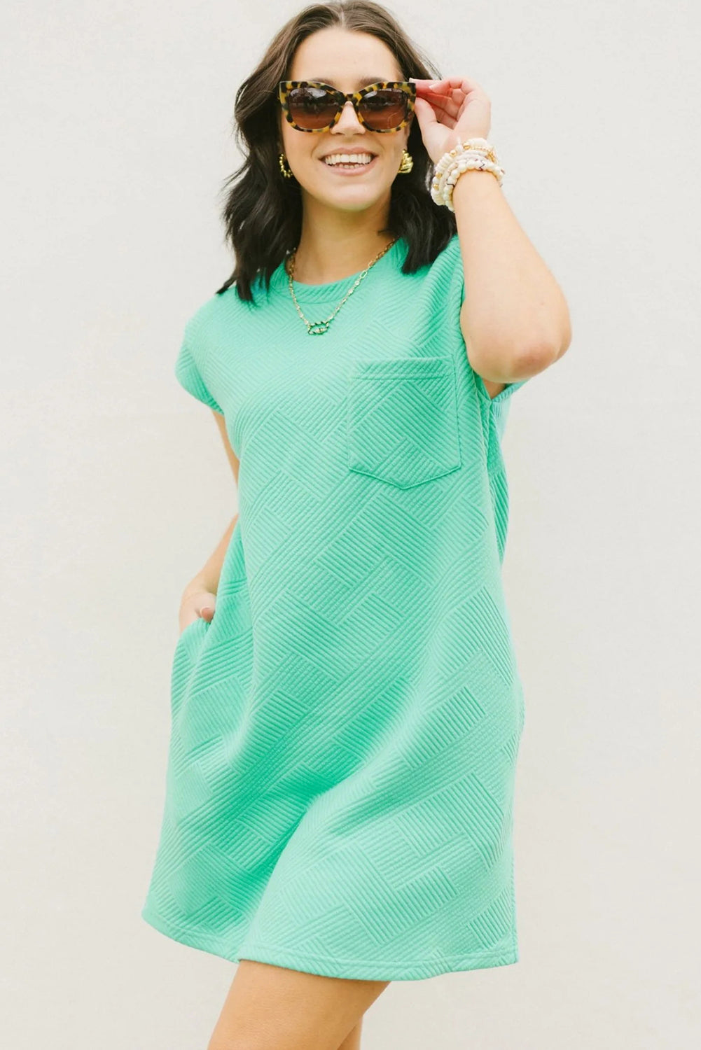 Mint Green Textured Cap Sleeve T-Shirt Dress