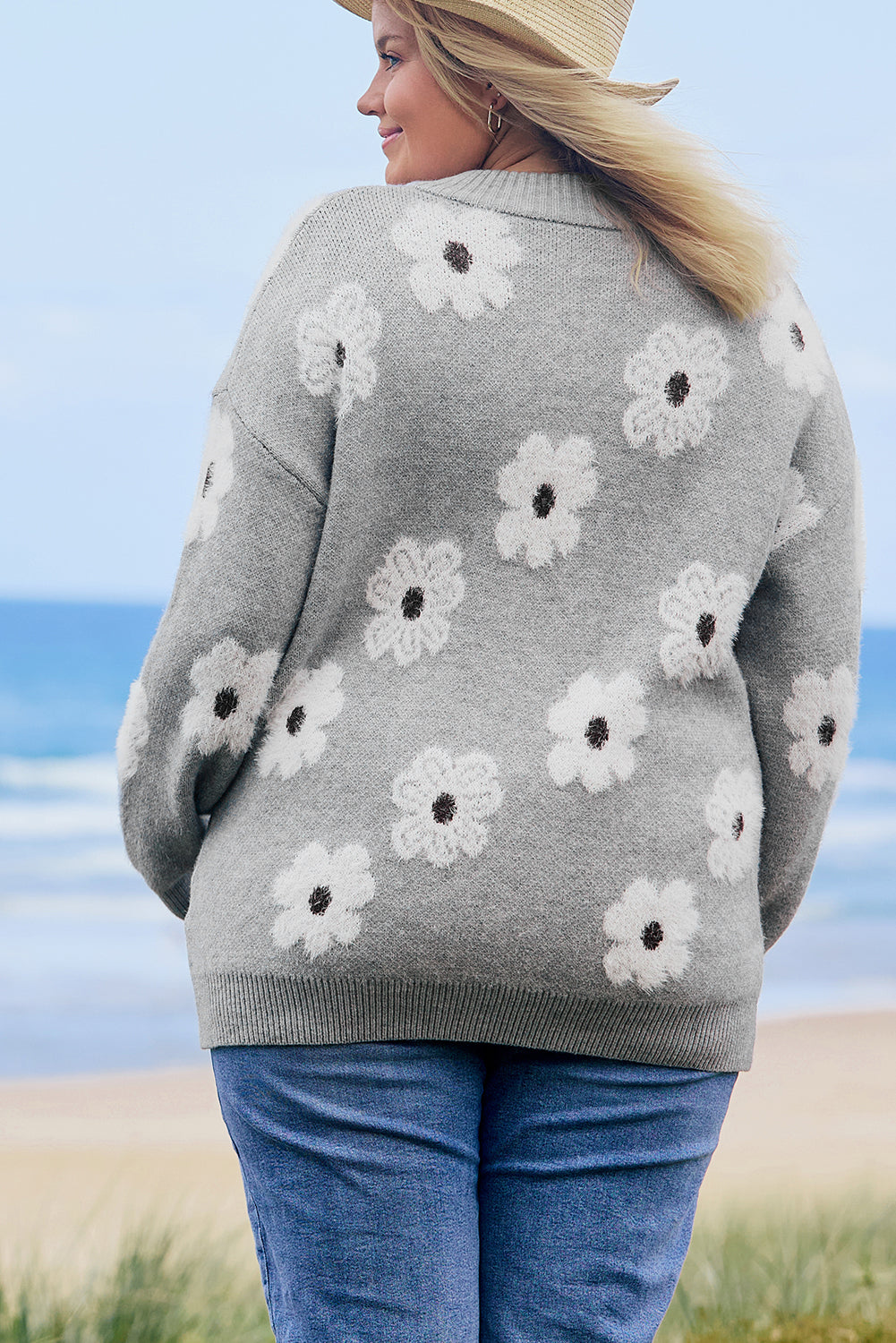 Pull Gris à Demi-Zip à Motif Floral Brodé Grande Taille