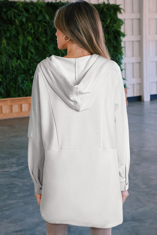 White Oversized Henley Hoodie with Side Pockets and Patchwork