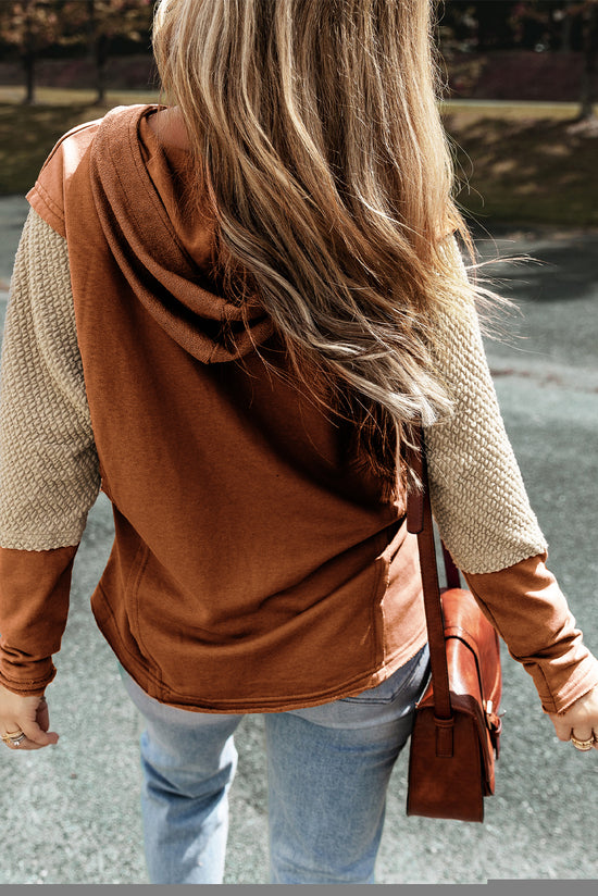 Chestnut Patchwork Color Block Hoodie with Contrast Sleeves