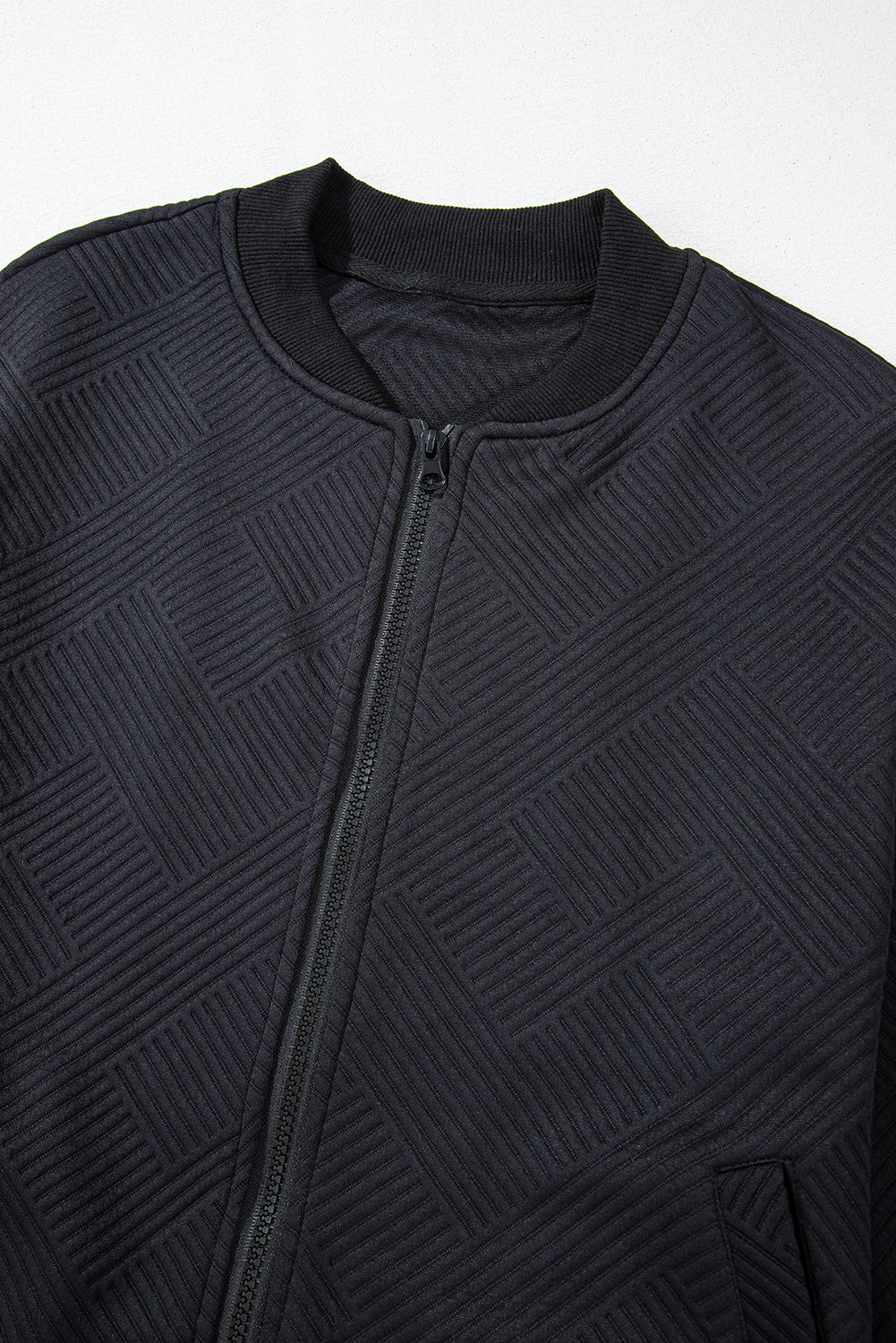 Blouson aviateur noir uni texturé à col montant et fermeture éclair