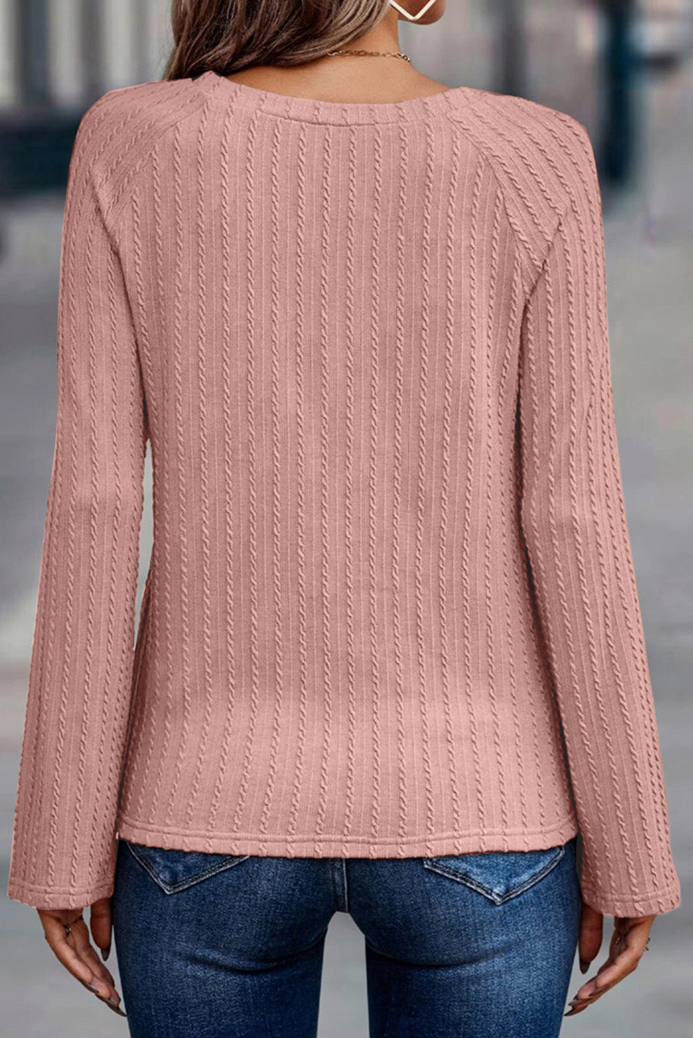 Pink Ribbed Round Neck Knit Long Sleeve Top