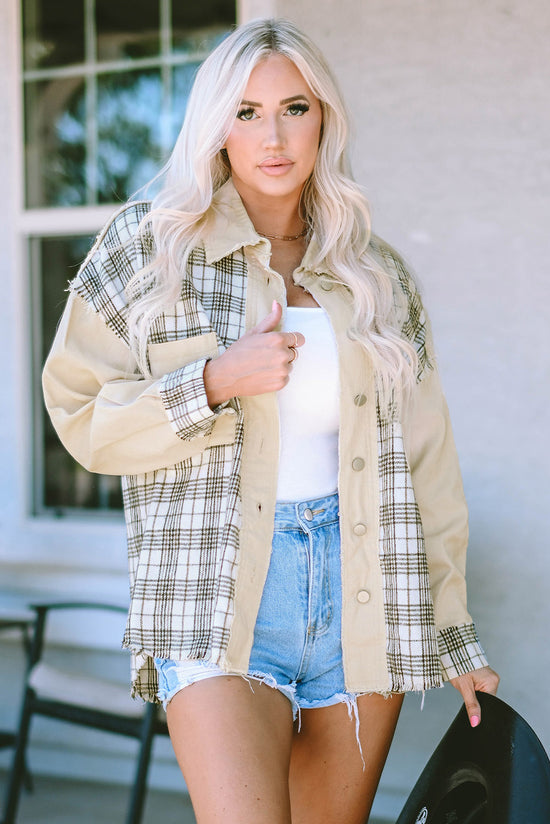 Khaki distressed denim jacket with plaid and patchwork with raw edges