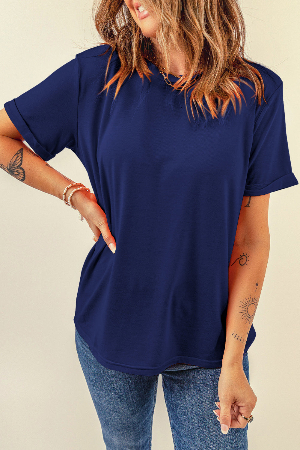 Blue Casual Plain Crew Neck Tee