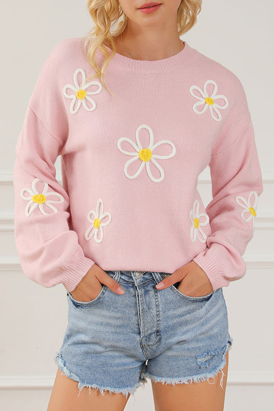 Pink Chenille Daisy Coux d'équipage Pull