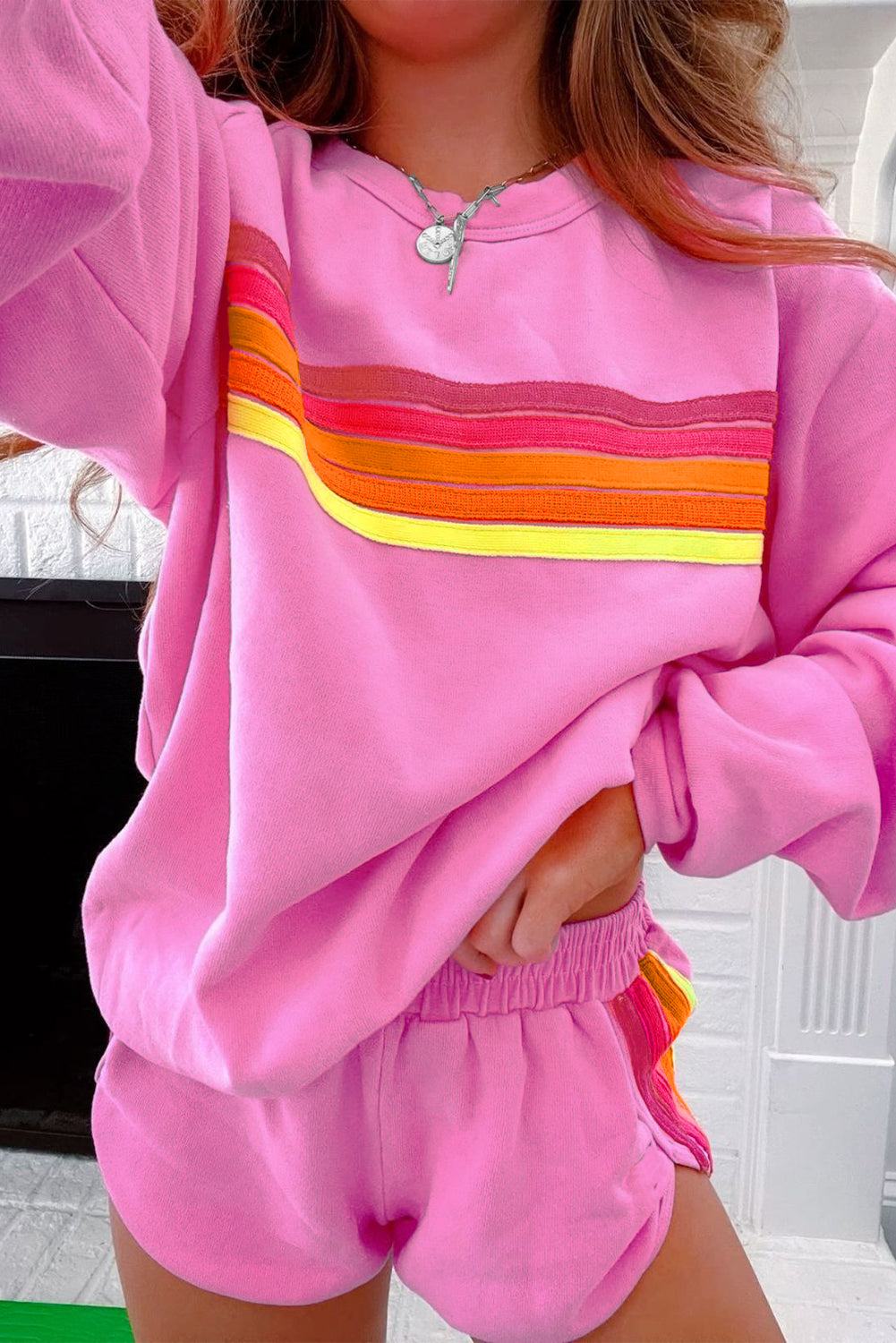 Casual Two Piece Set Candy Striped Sweater and Shorts