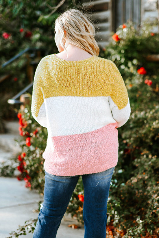 Plus Size Yellow Colorblock Bubble Sleeve Sweater