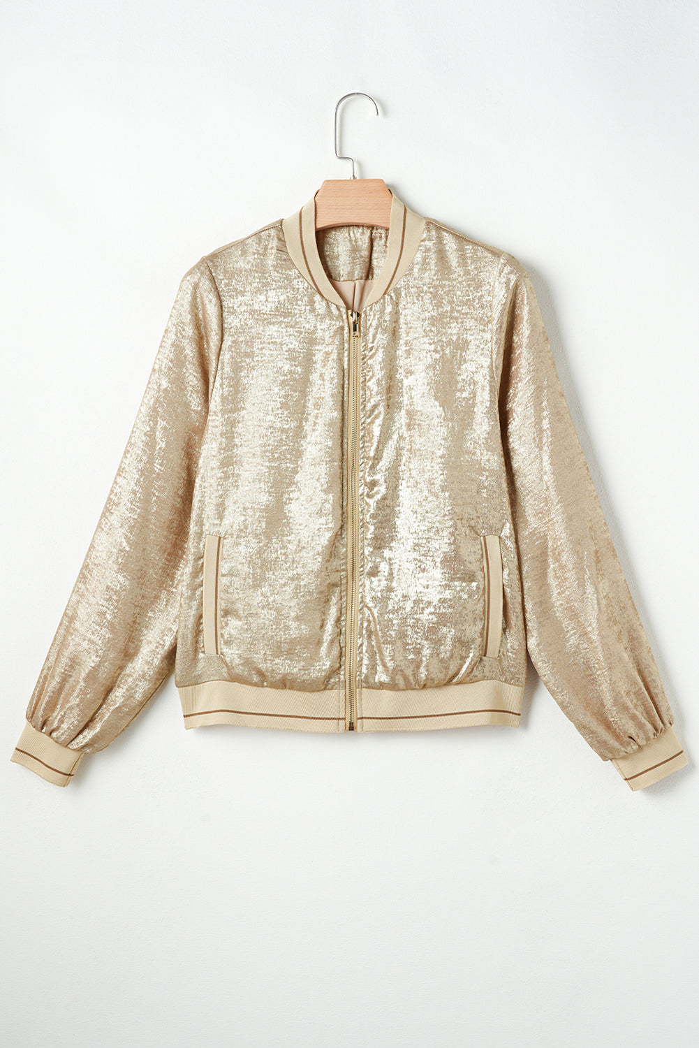 Metallic Pale Khaki Zip-Up Baseball Jacket