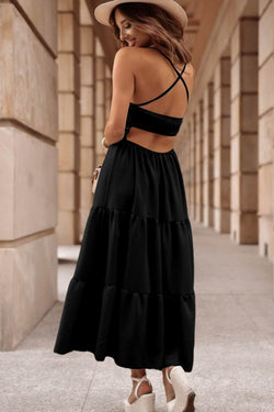 Long black crushed dress bare back with bodies on several levels