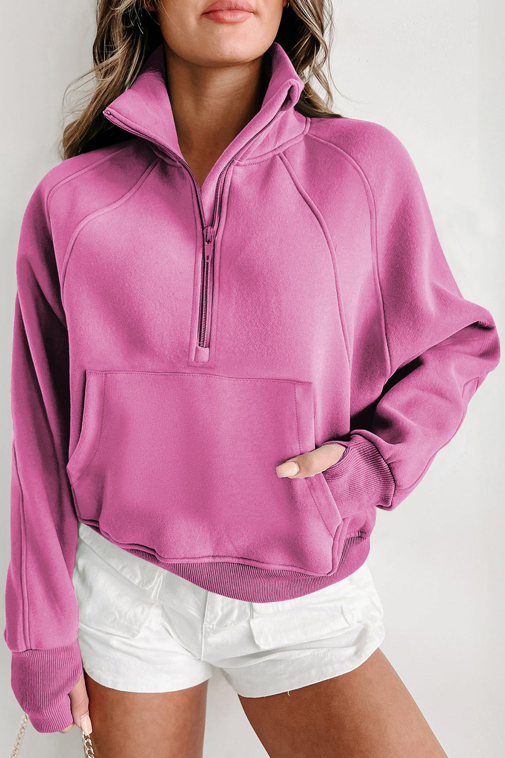 Bonbon Fleece ausgekleidetes Zip -Up -Stand Halsband Daumenloch Ärmel Sweatshirt