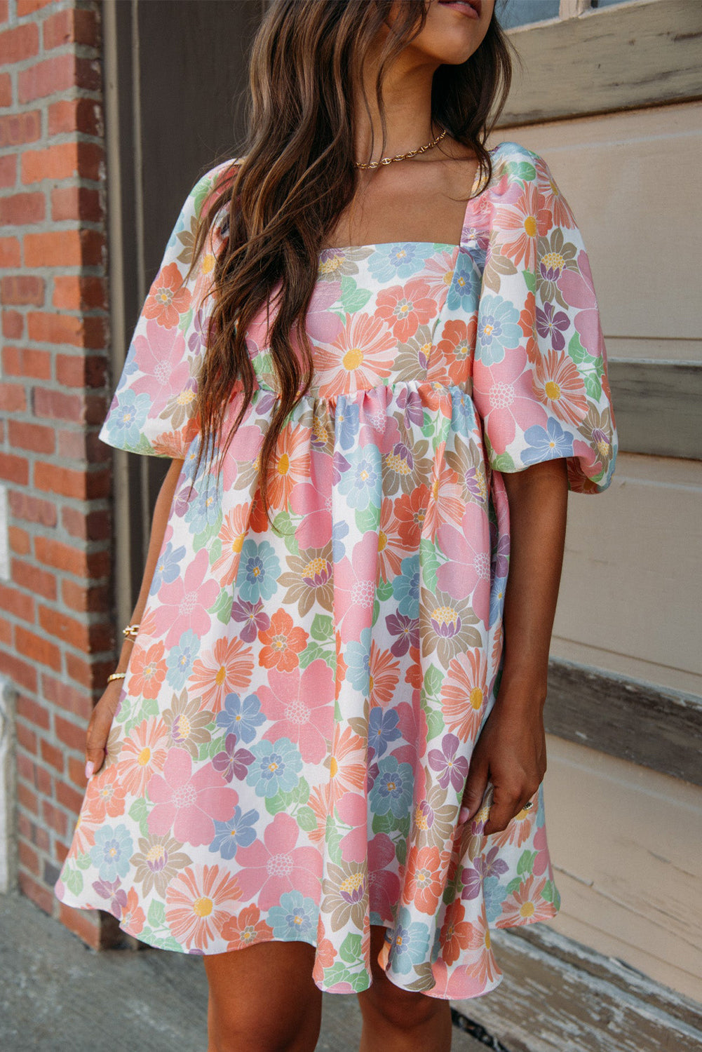 Pink floral summer babydoll dress, square neck, puff sleeves