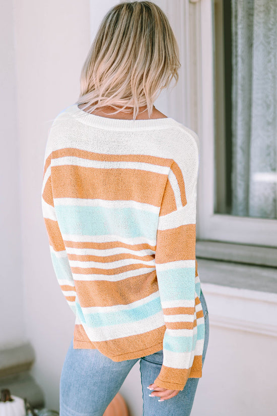 Fended sleeve sweater and multicolored color block stripes