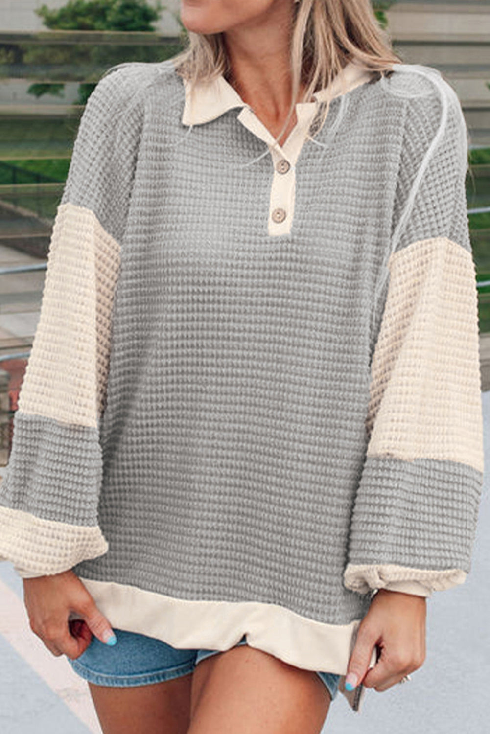 Khaki Textured Henley Top with Color Block Collar
