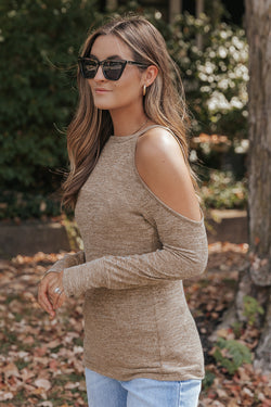 Marbled Knit Off Shoulder Long Sleeve Khaki Top