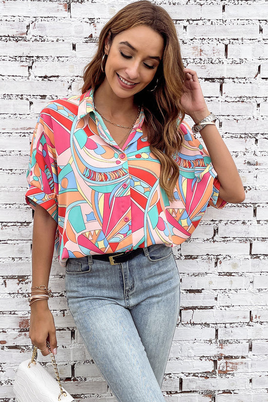 Multicolor a large shirt with half-underwenting sleeves and abstract geometric print