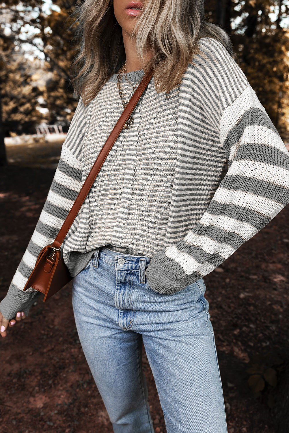 Grey Textured Geometric Striped Drop Shoulder Sweater