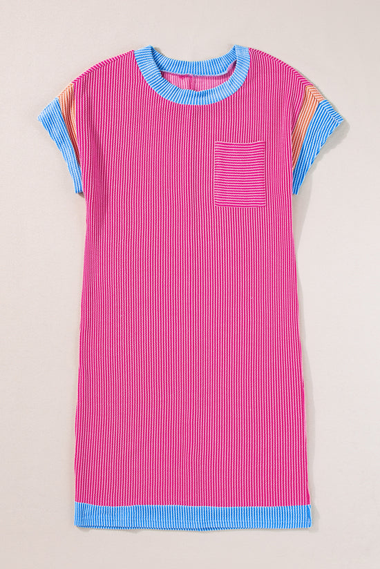 Red Pink Textured Color Block Edge Patch Pocket T-Shirt Dress