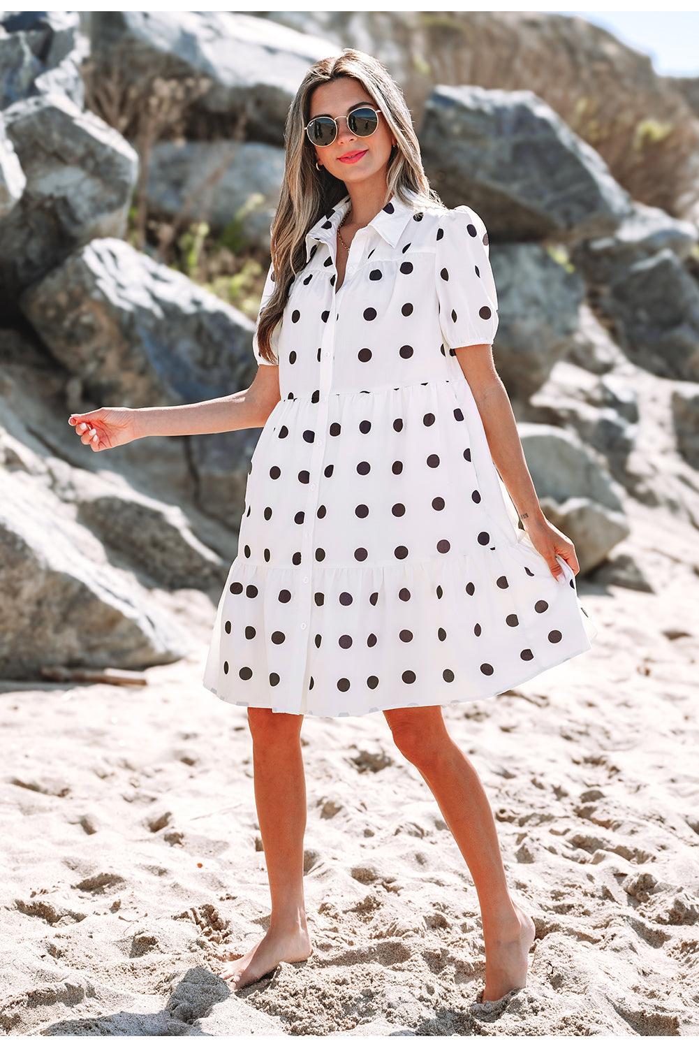White Babydoll dress with polka dots and sleeve collar *