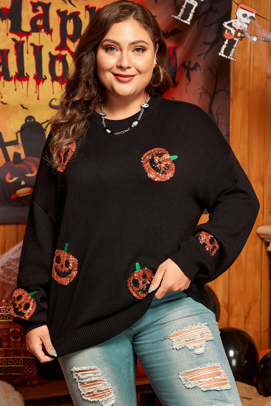 Plus Size Black Halloween Sequin Pumpkin Pattern Sweater