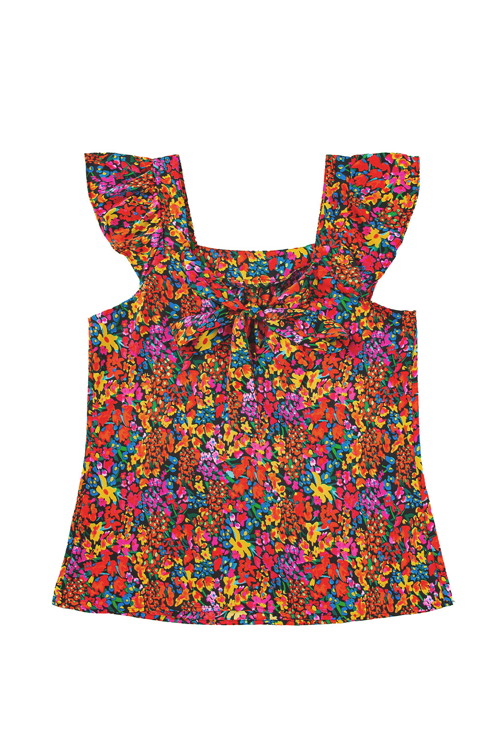 Manga multicolor de estampado floral cuello cuadrado nudo espalda blusa