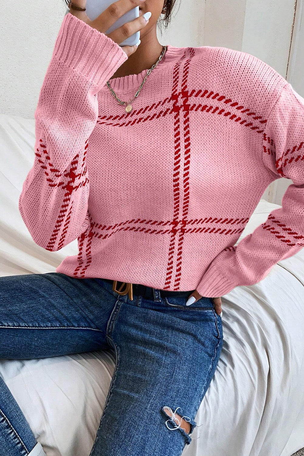 Pink Plaid Knitted Drop Shoulder Sweater