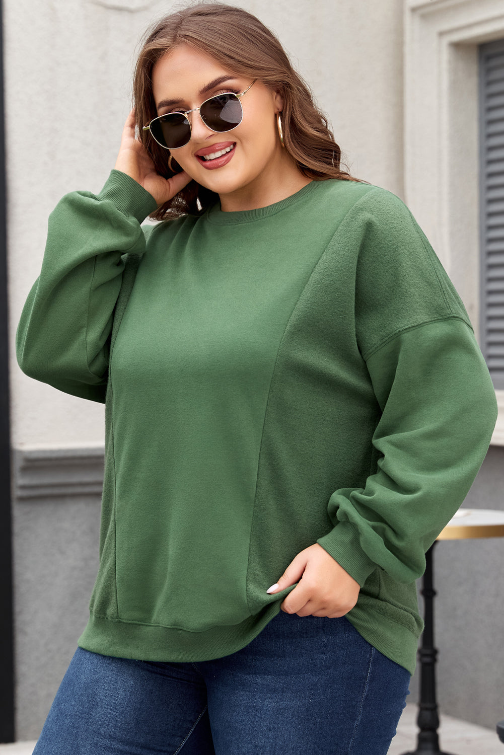 Blackish Green Plus Size Round Neck Patchwork Loose Sweatshirt