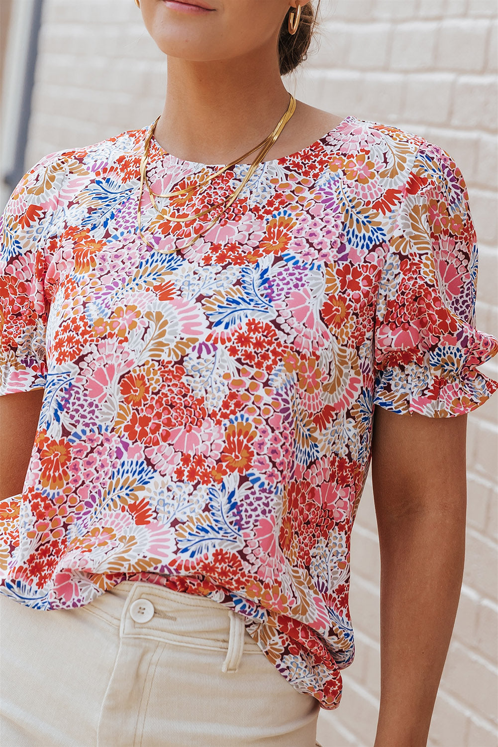 Mélange multicolore Blouse à manches à bulles à motif floral