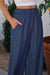 Jean large taille haute smocké à volants et poches latérales bleu voile