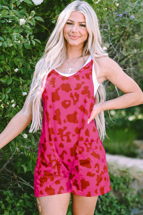 Leopard V-neck sleeveless romper with pockets in pink red