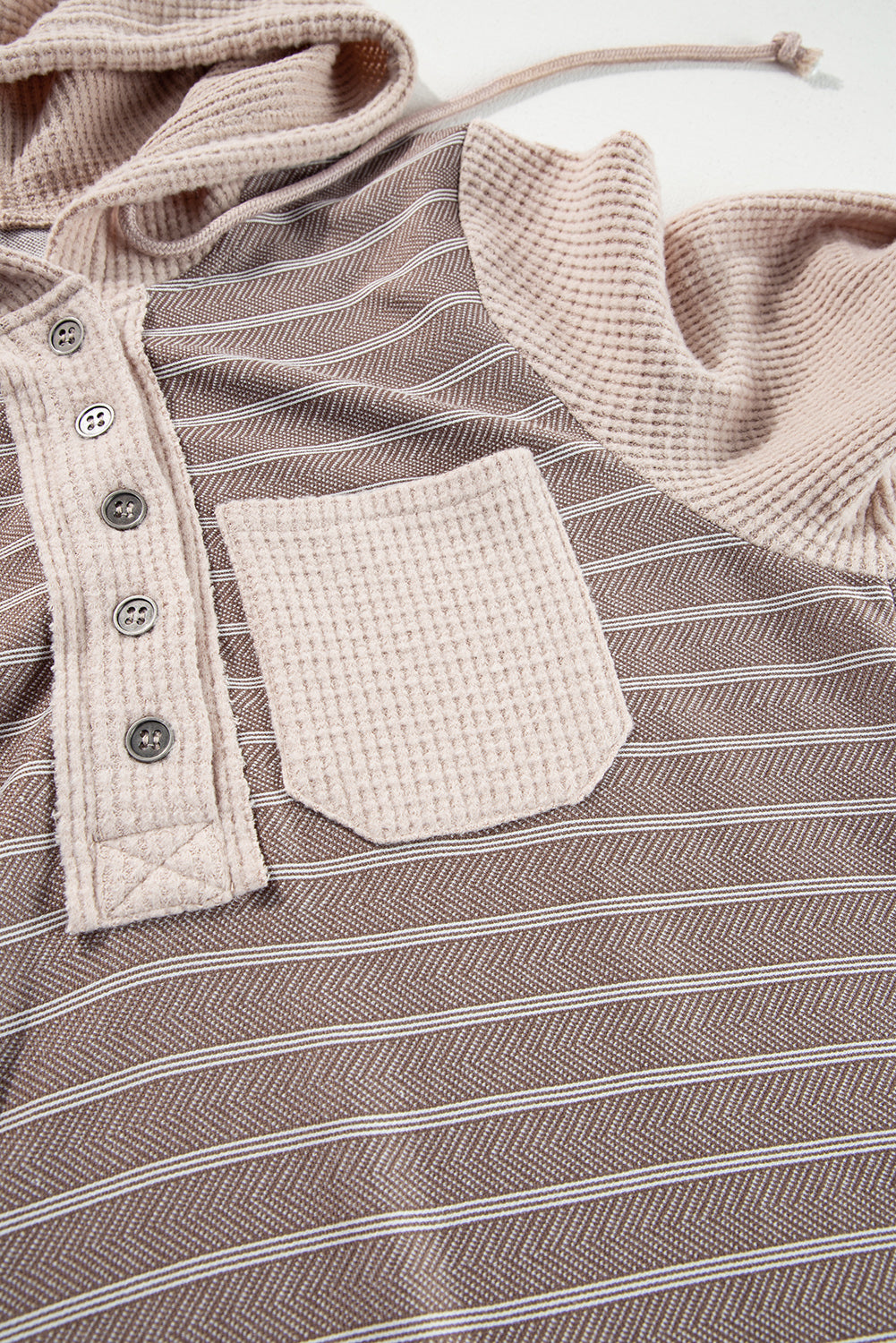 Grey Textured Knit Color Block Striped Henley Hoodie Top