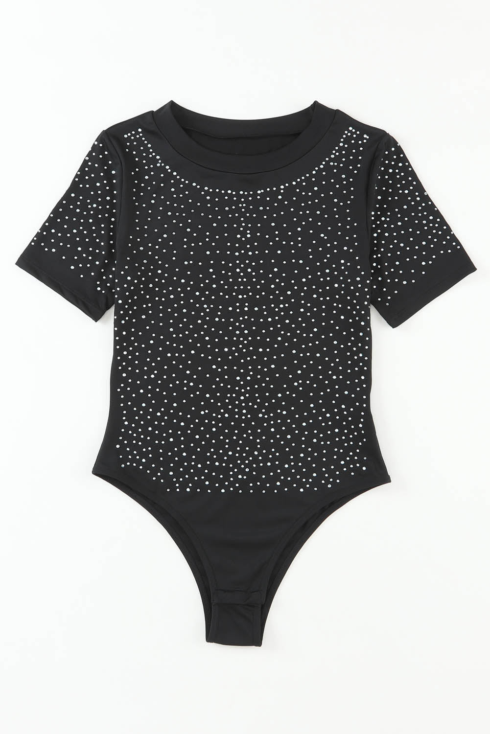 Schwarzer Strassonstone Allover Rund Neck Kurzarm Bodysuit