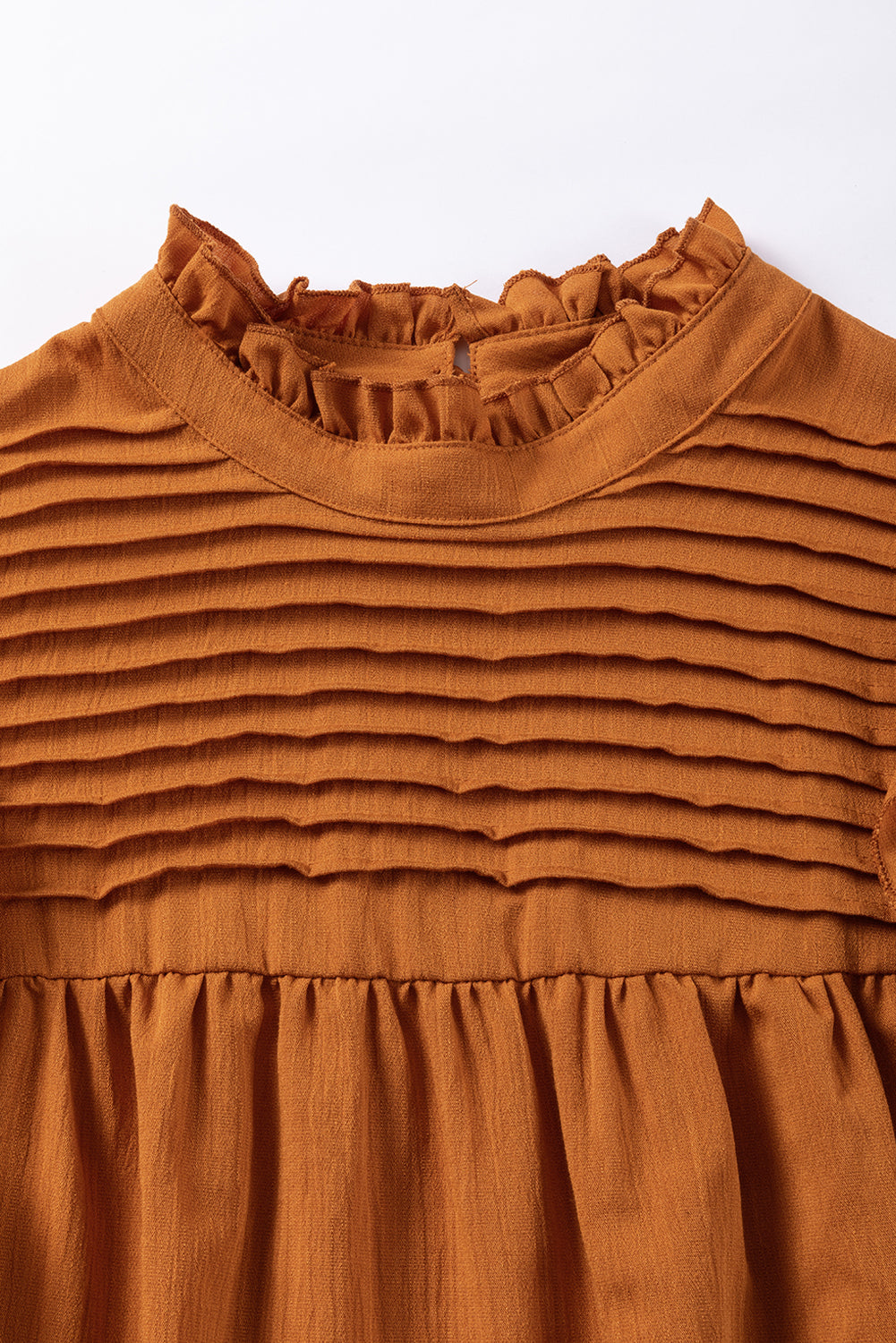 Camel Solid Color Stand Neck Ruffled Puff Sleeve Blouse