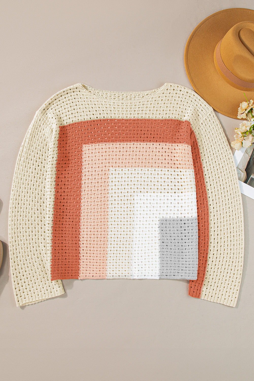 Pull ample en tricot pointelle abricot color block