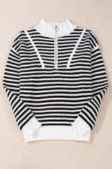 Pull noir à rayures, col zippé, épaules tombantes