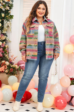 Rose - Plus Size Aztec Print Lapel Jacket with Pocket